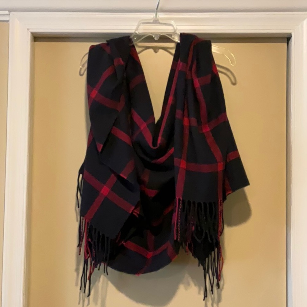 NWT J. Crew Chic Navy and Fuchsia Box Plaid Scarf , Cape, Warp, Shawl w/ Fringe